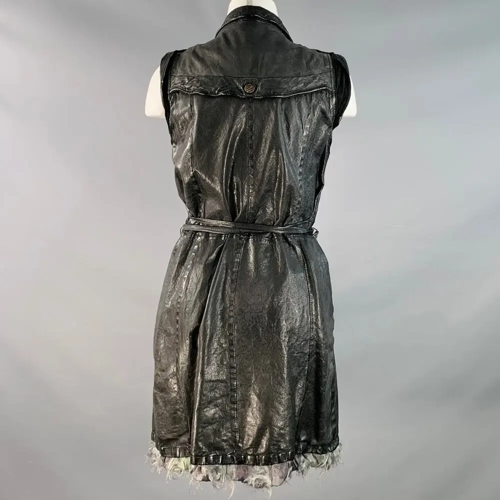 GIORGIO BRATO Size 6 Black Leather Double Breasted Belted Longline Vest - Picture 4 of 9